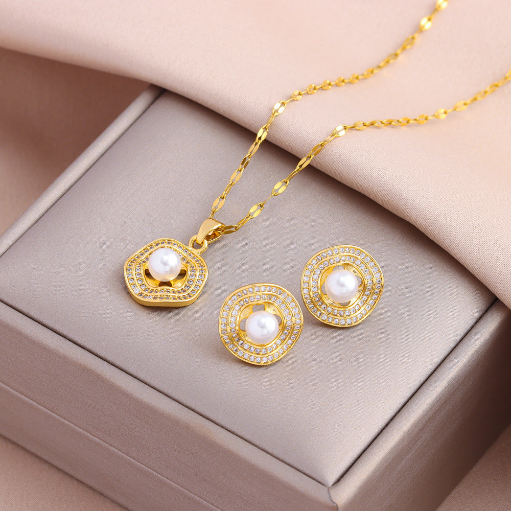 Wholesale Titanium Steel Zircon Earring Necklace Set